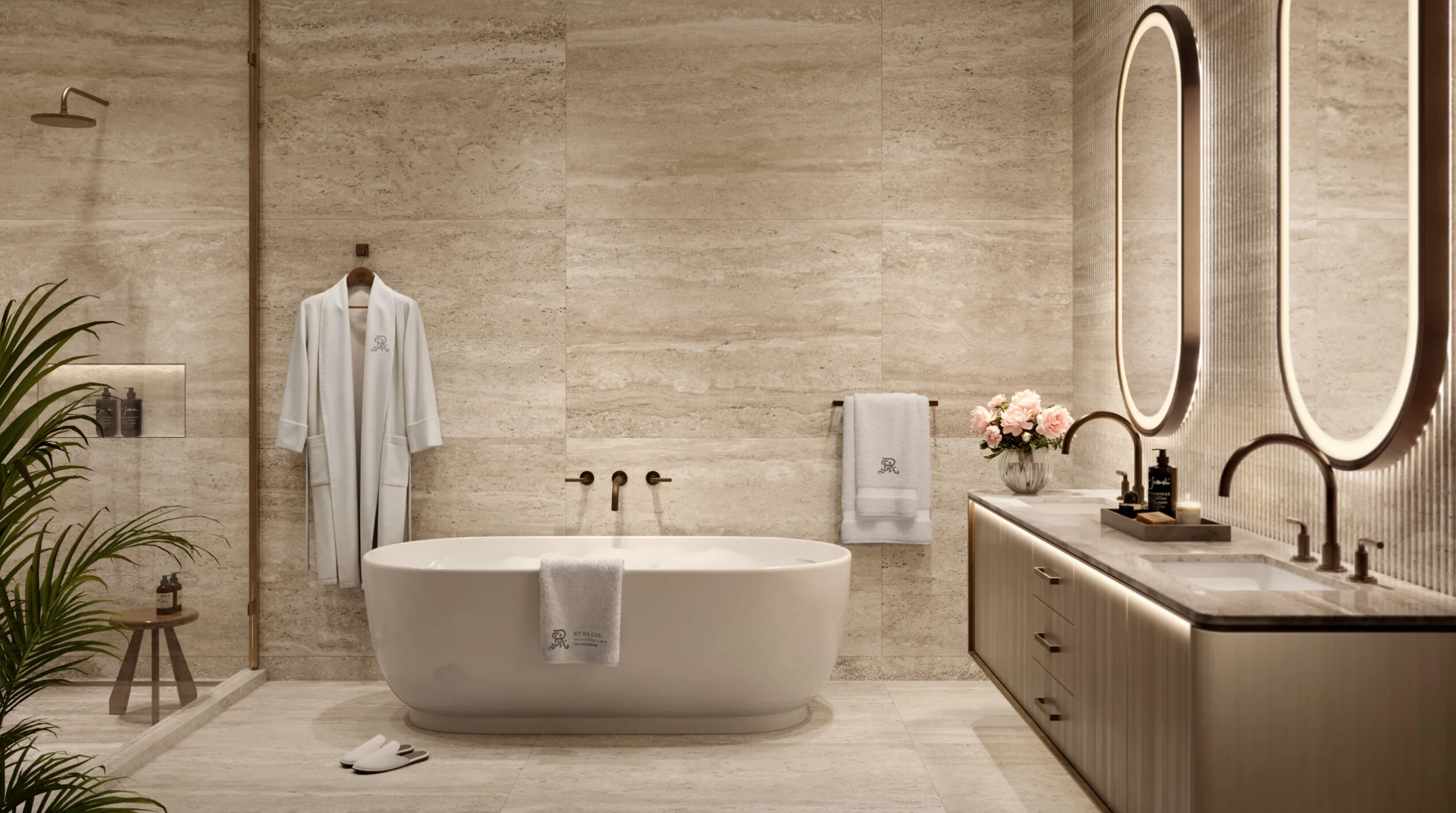 Residence bathroom with freestanding soaking tub and double vanity