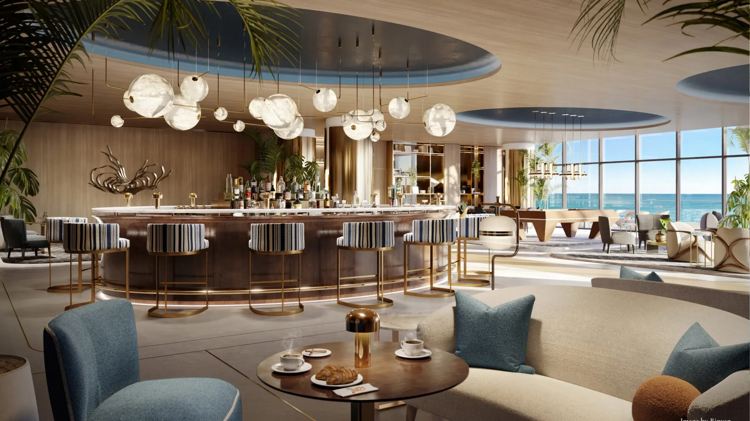 Resort bar and lounge with seating and ocean views