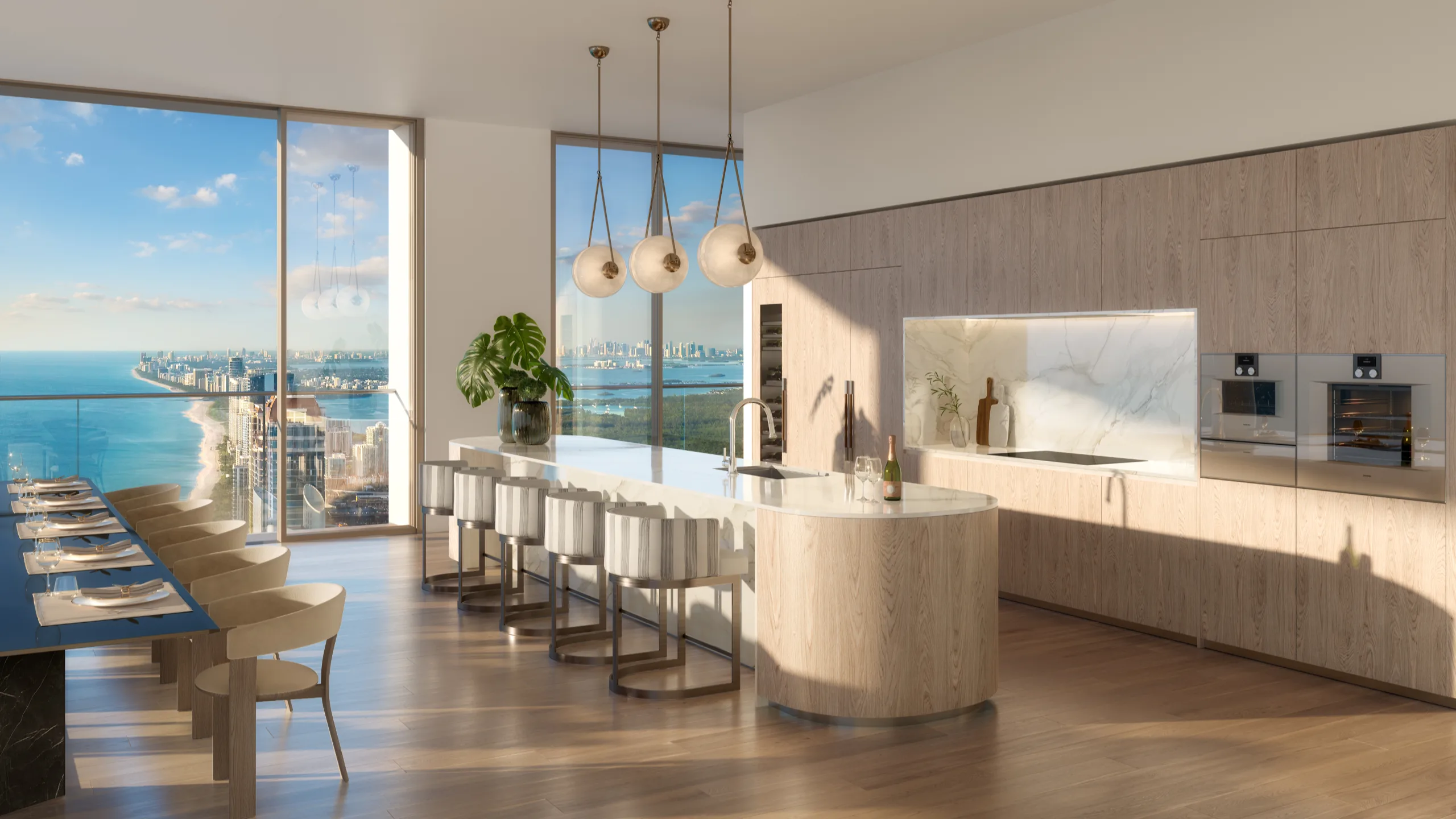 Contemporary kitchen with large windows overlooking the ocean and city skyline