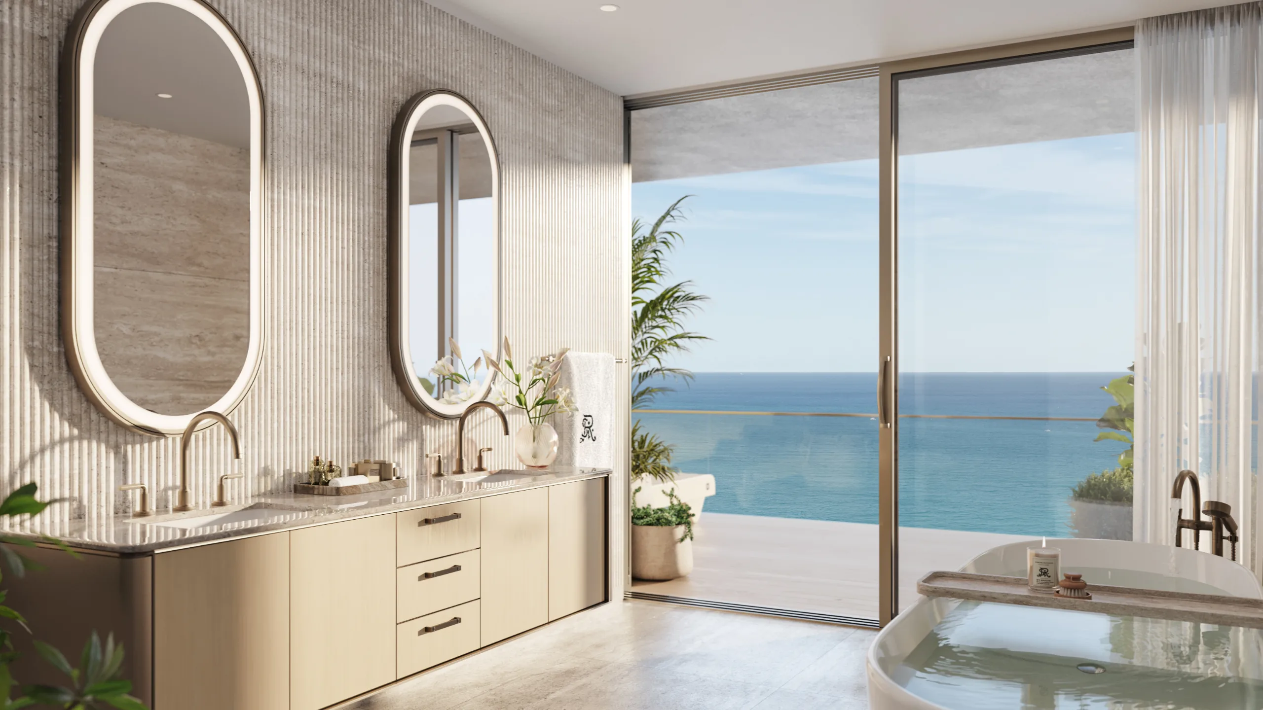 Bathroom interior with mirrors, vanity, and a view of the ocean through large windows