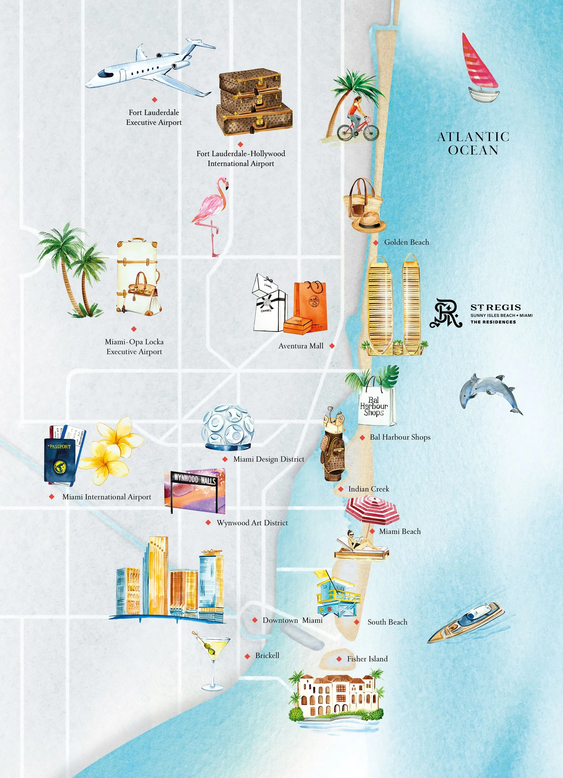 Map of Miami Beach showing landmarks and neighborhoods including Miami International Airport, Wynwood Art District, South Beach, and Fisher Island