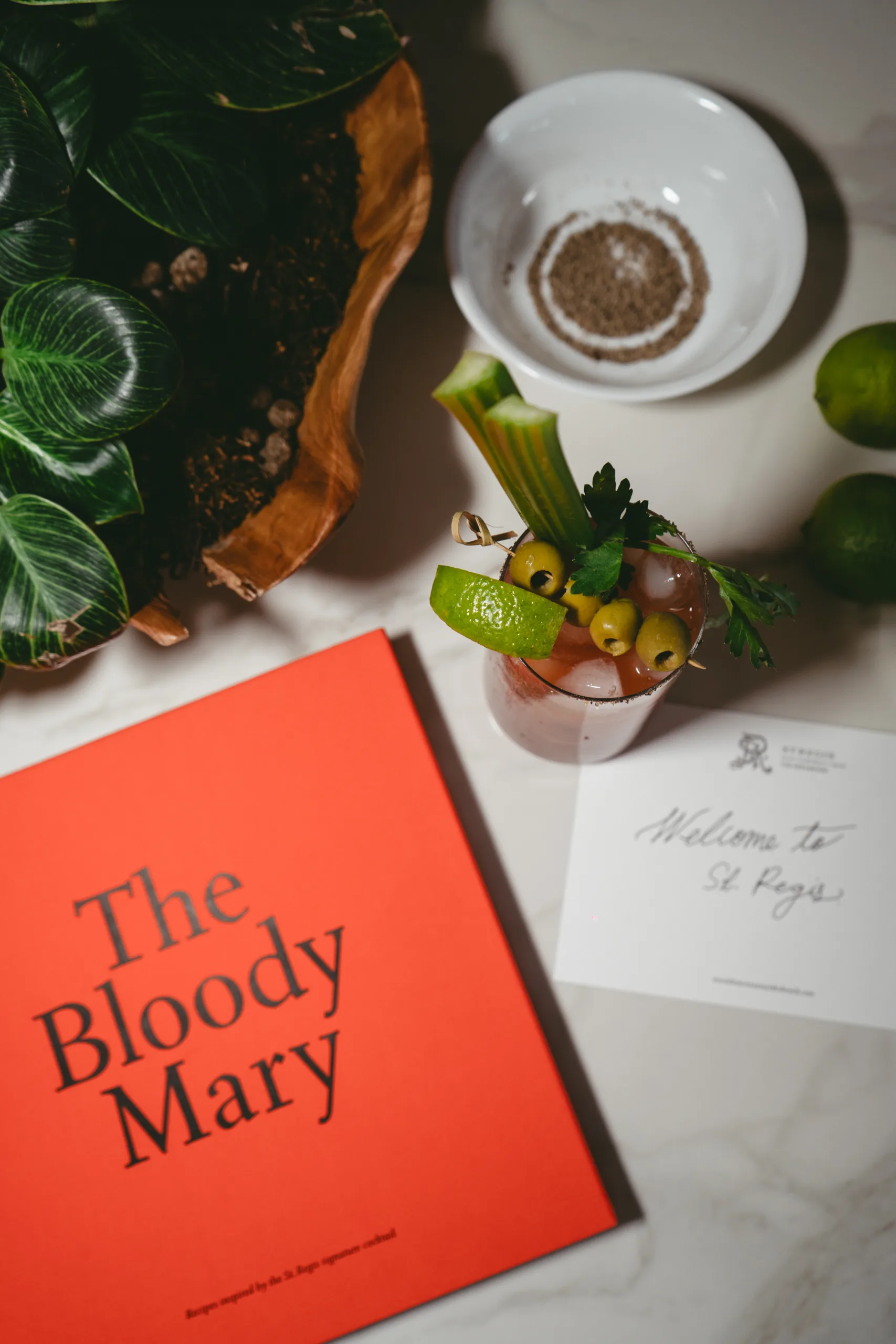 A cocktail garnished with lime, green olives, and herbs next to a potted plant and books