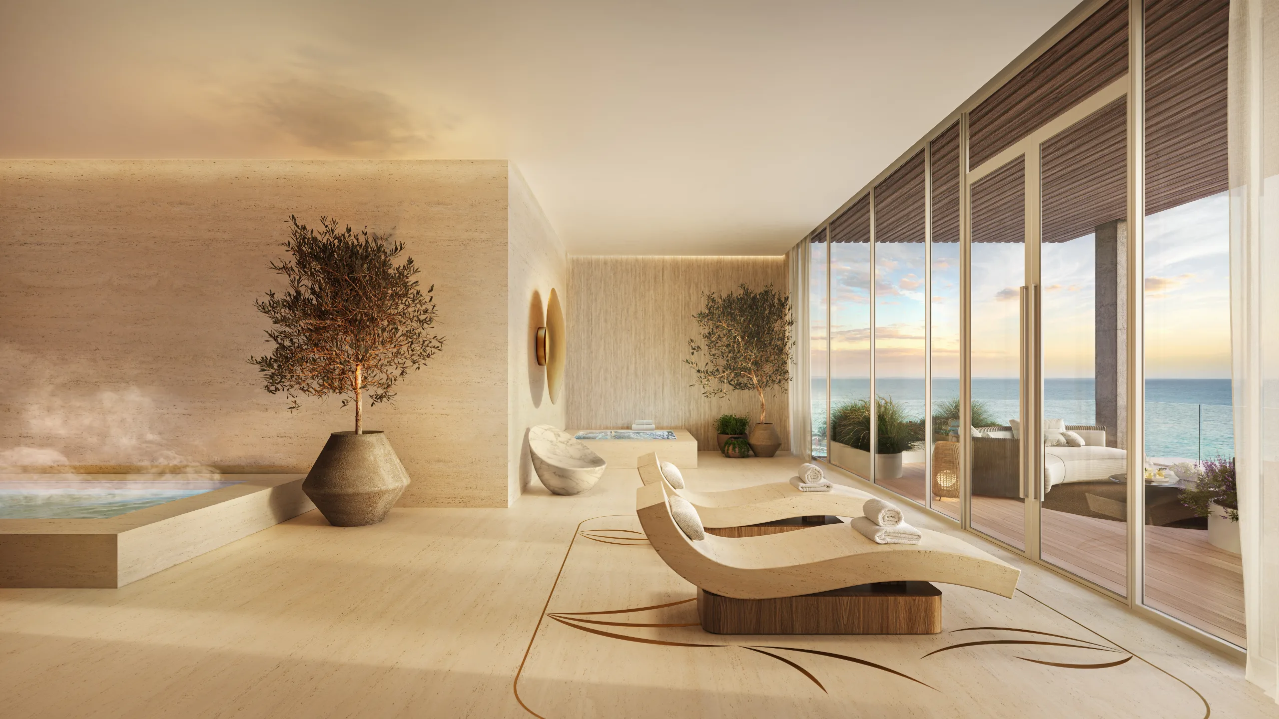 Modern Spa and Wellness Center with large glass windows overlooking the ocean, featuring minimalist furniture and potted plants