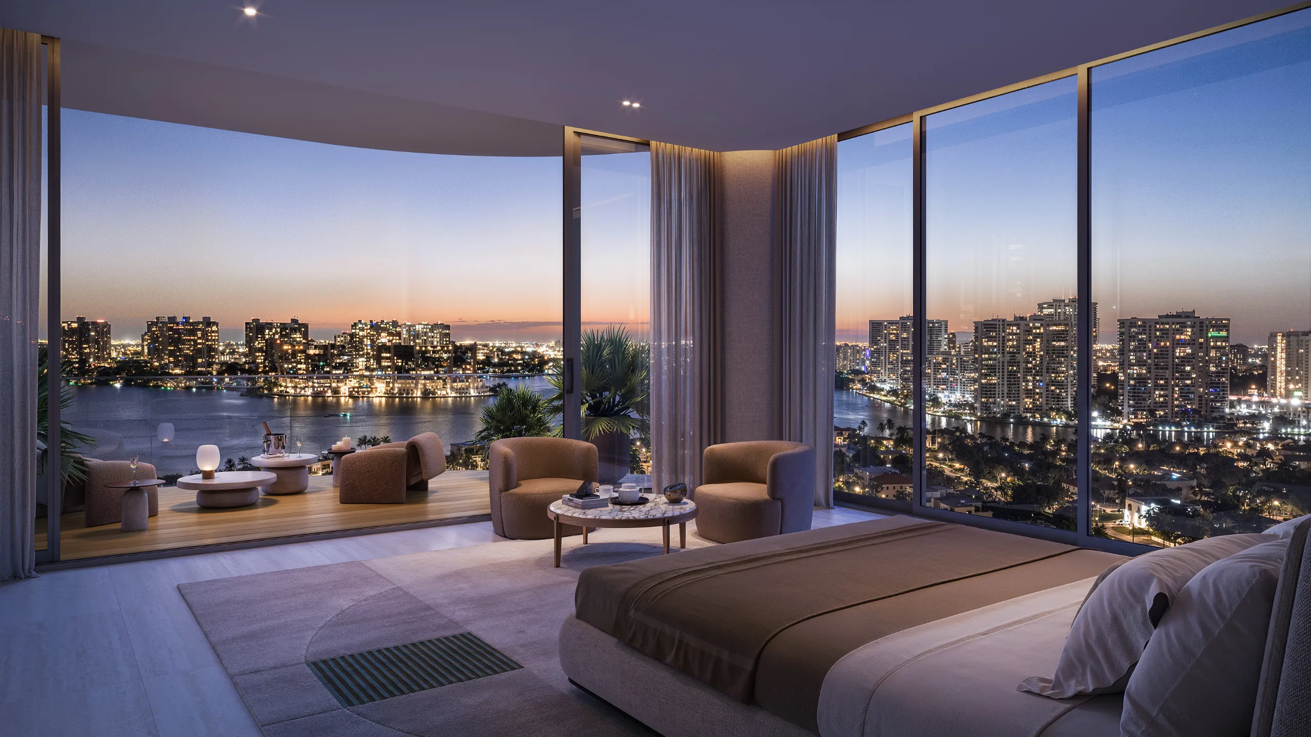 Bed Room with City and Water View at Sunset