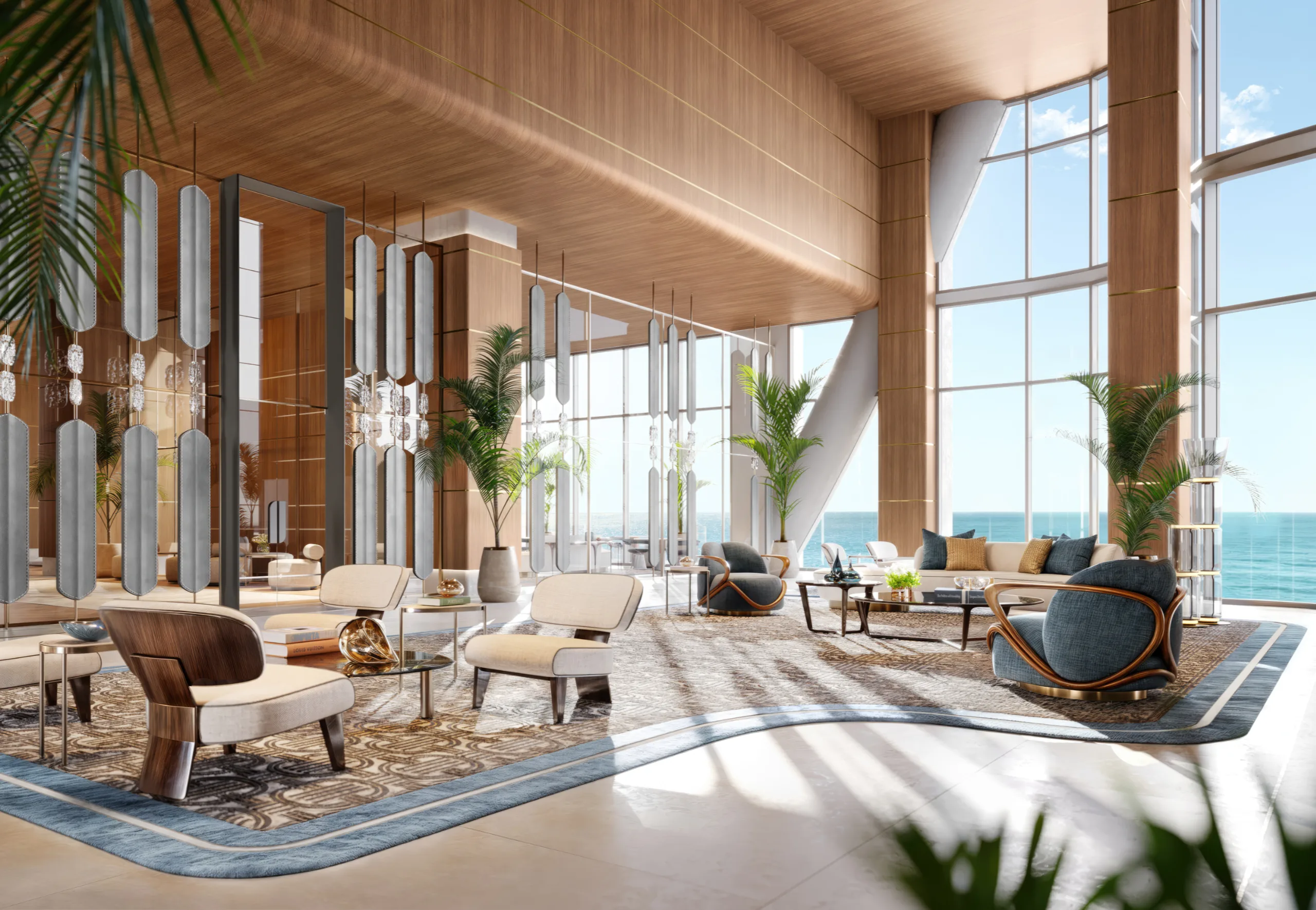 Interior view of a modern hotel lobby with large windows overlooking the ocean, wooden accents, and stylish furniture