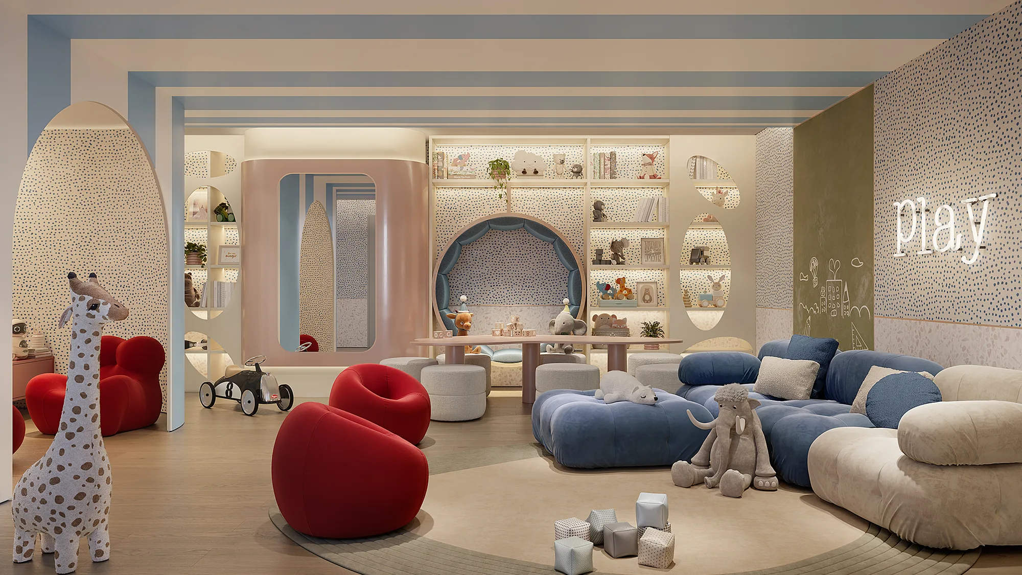 Colorful kids' playroom with plush toys, small furniture, and playful decor