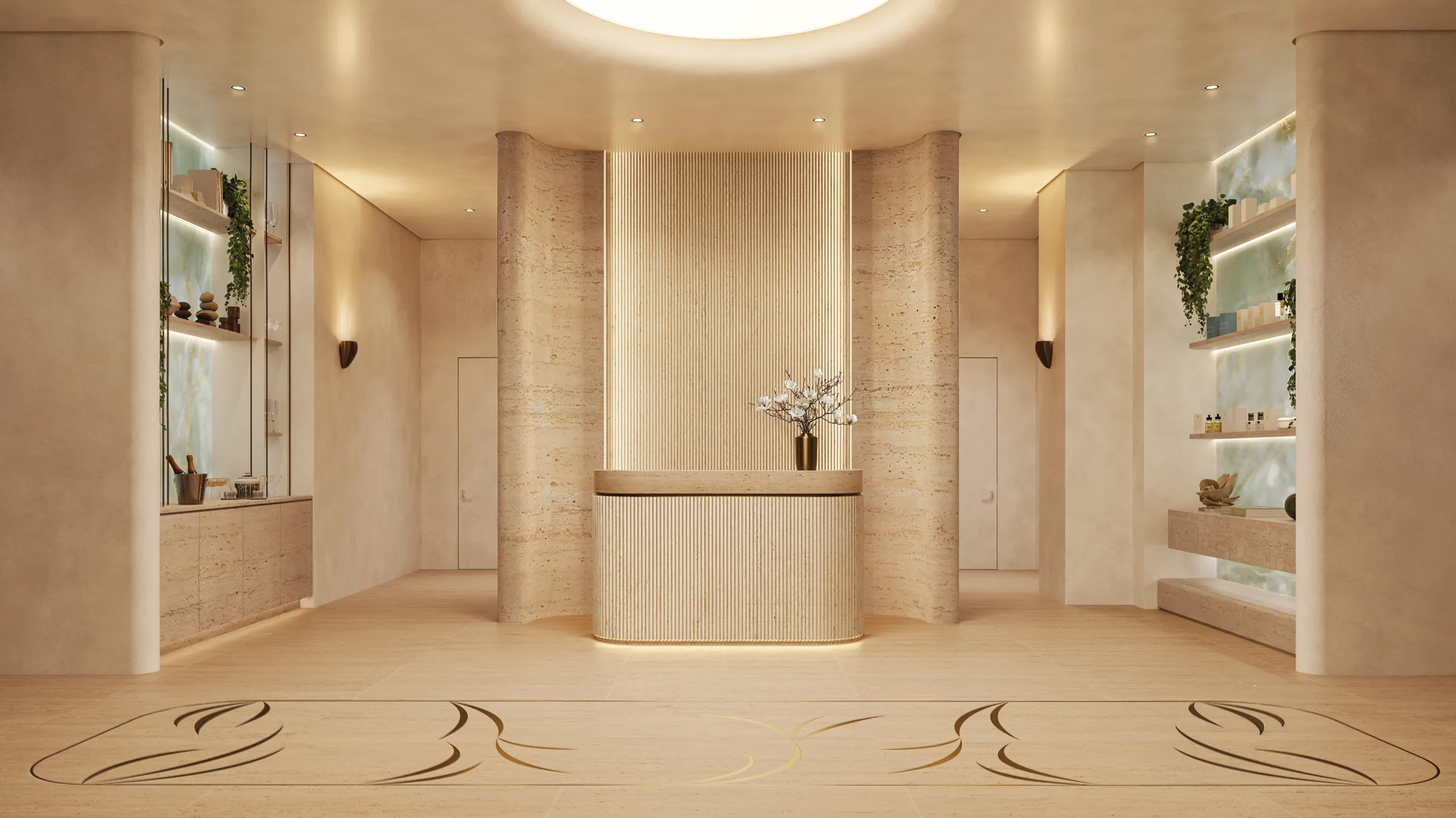 Elegant spa reception with a curved textured wall and a vase with white flowers