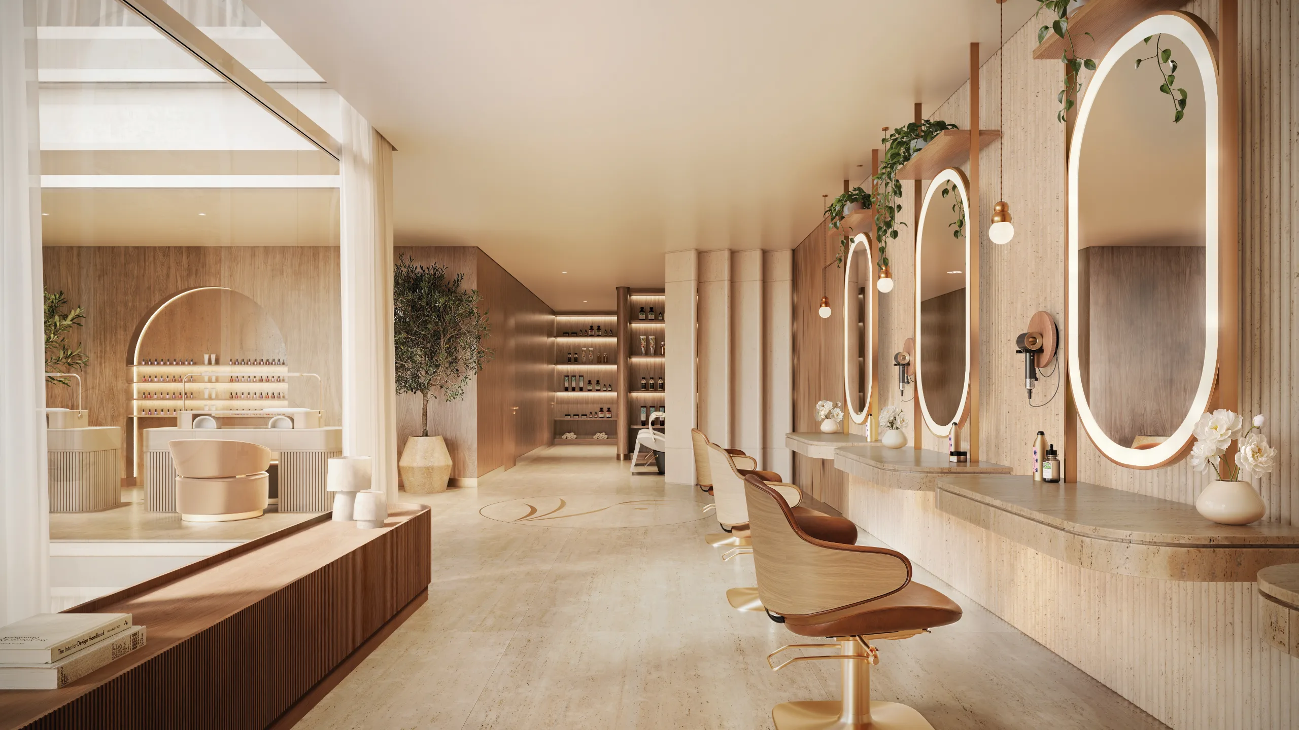 Elegant spa area with mirrors, chairs, and decorative plants