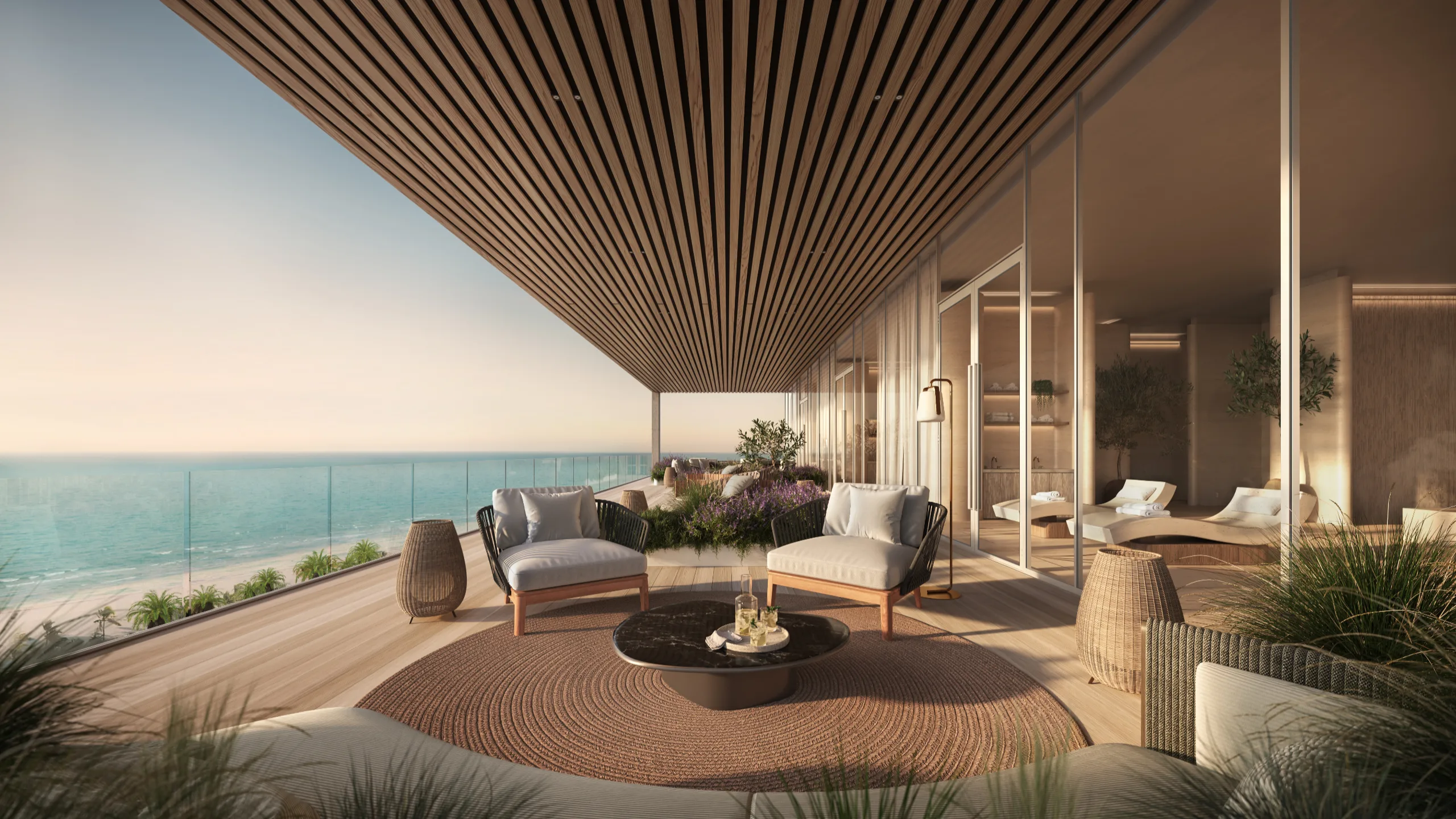 Open-air terrace with seating area overlooking the ocean, featuring modern furniture and wooden ceiling panels