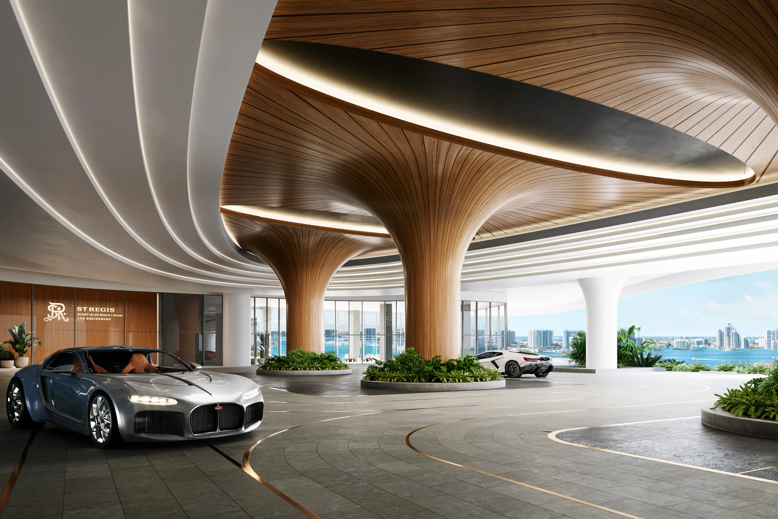 Residences entrance with sculptural canopy and a parked car