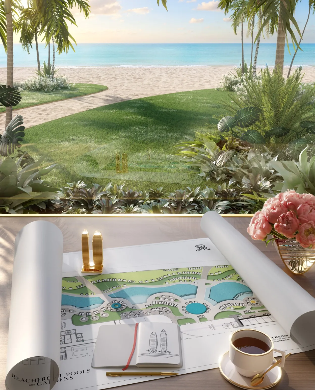 Beachfront garden above architectural plans and a cup of coffee