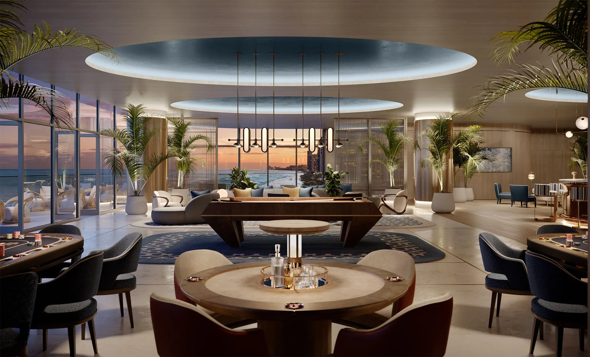 Residents lounge with circular ceiling detail and dining tables