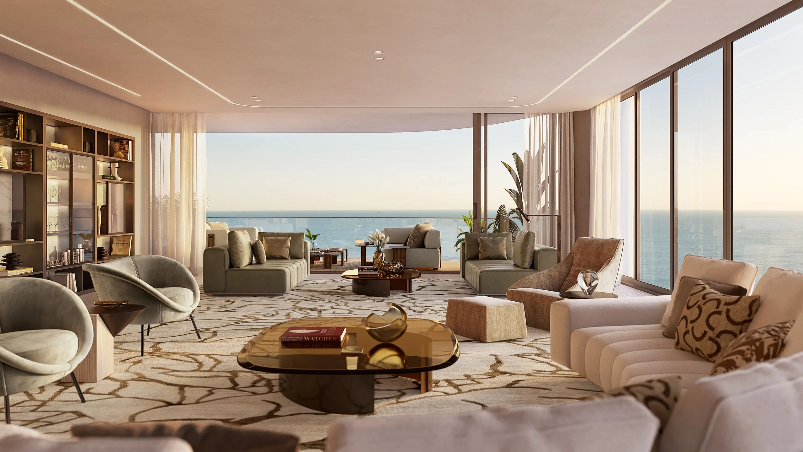 Spacious living room with large glass windows overlooking the ocean
